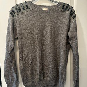 J. Crew Gray Crewneck Merino Wool Sweater, Jeweled Shoulders size Large